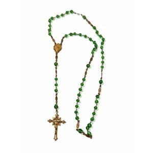 Vintage Catholic Rosary Green Glass Beads Copper Tone Crucifix Two Tone Medal